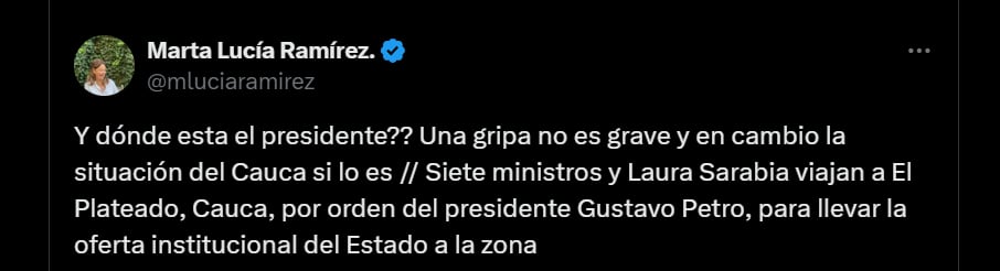 Marta Lucía Ramírez cuestionó la ausencia de Gustavo Petro en El Plateado, Cauca - crédito @mluciaramirez/X