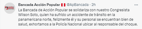 Acción Popular se pronuncia sobre accidente de congresista Wilson Soto.