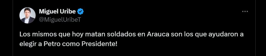 El senador aseguró que grupos delincuenciales se están fortaleciendo en le Gobierno de Gustavo Petro - crédito @MiguelUribeT/X