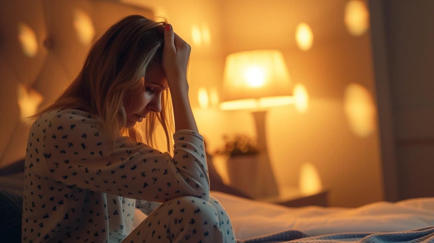 Mujer sentada en su cama, angustiada tras despertar de una pesadilla. La escena transmite la dificultad de enfrentar problemas de sueño como el insomnio, y cómo estos afectan la salud mental y el bienestar. La imagen destaca la importancia de un descanso adecuado y la gestión de trastornos del sueño. (Imagen ilustrativa Infobae)