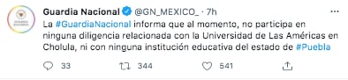 La Guardia Nacional negó su participación relacionada con la UDLAP (Foto: Twitter@GN_MEXICO_)