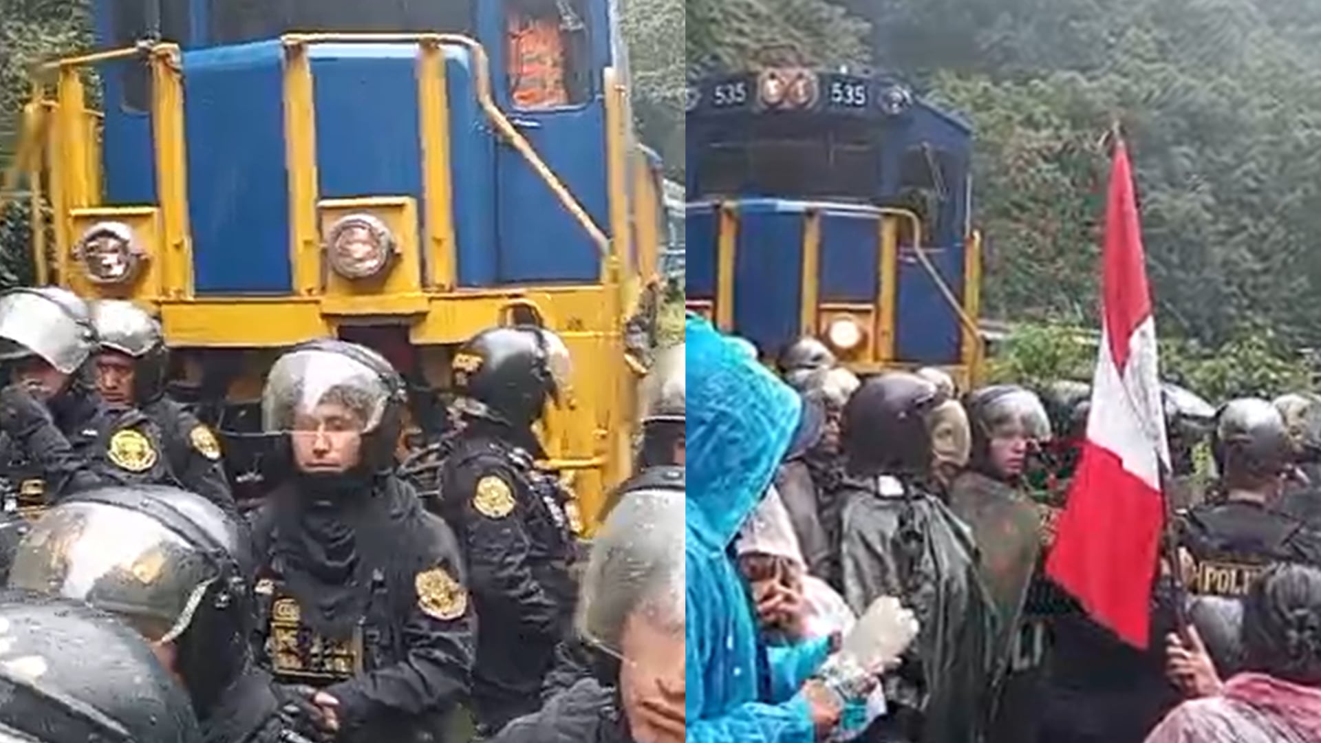 Policía Nacional del Perú llega a protesta en Machu Picchu.