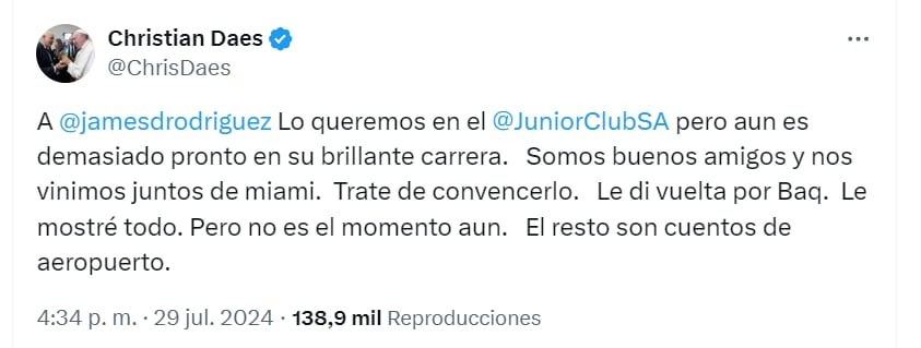 El empresario descartó la llegada de James Rodríguez al Junior de Barranquilla - crédito @ChrisDaes/X