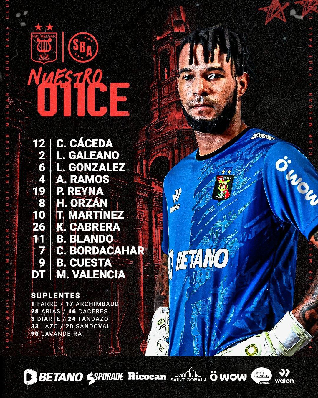 Alineación oficial de FBC Melgar para el partido contra Sport Boys. - Crédito: Difusión