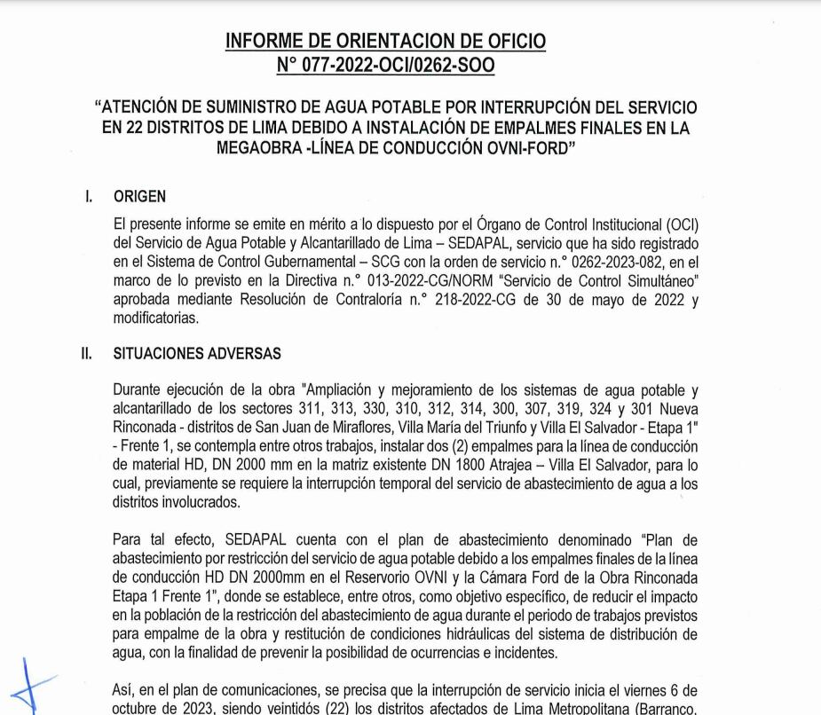 Documento presentado por Sedapal