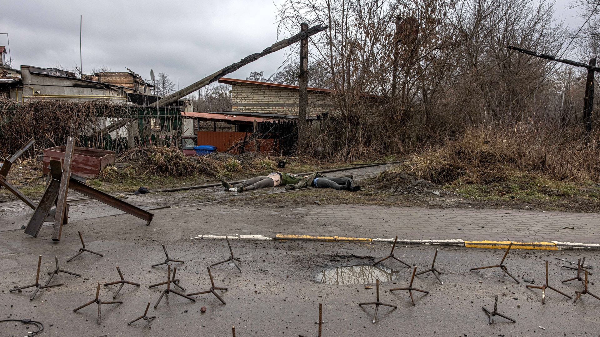 Stock image of the corpses of two Russian soldiers in Irpin, near Kiev, Ukraine