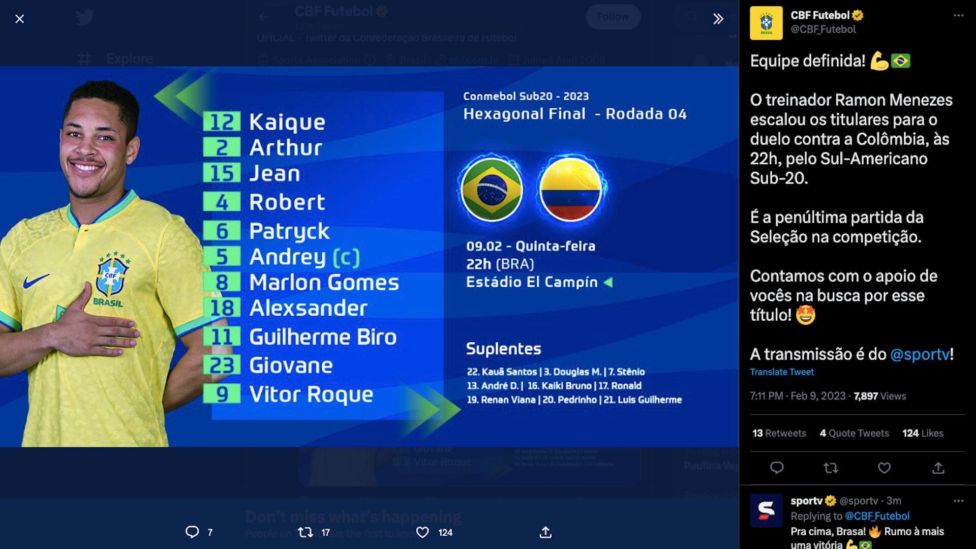 Once inicial escogido por Ramon Menezes para enfrentar a Colombia por segunda vez en el Sudamericano sub-20 2023 / (Twitter: @CBF_Futebol)