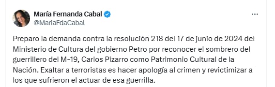 La senadora confirmó demanda a la resolución que reconoció sobrero de Pizarro como Patrimonio Cultural de la Nación - crédito @MariaFdaCabal/X