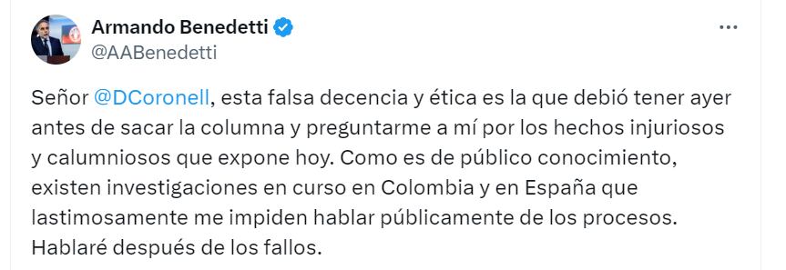 Armando Benedetti arremete contra periodista Daniel Coronell - crédito @AABenedetti/X