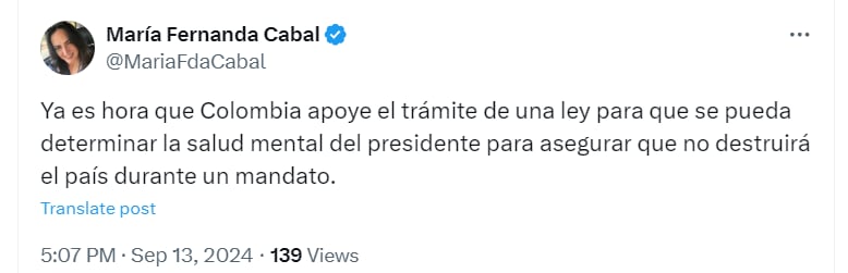 María Fernanda Cabal propuso una ley para evaluar la salud mental del presidente Petro - crédito @MariaFdaCabal/X