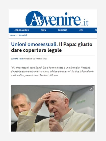 El periódico Avenire sobre el apoyo del Papa Francisco a las uniones civiles entre personas del mismo sexo