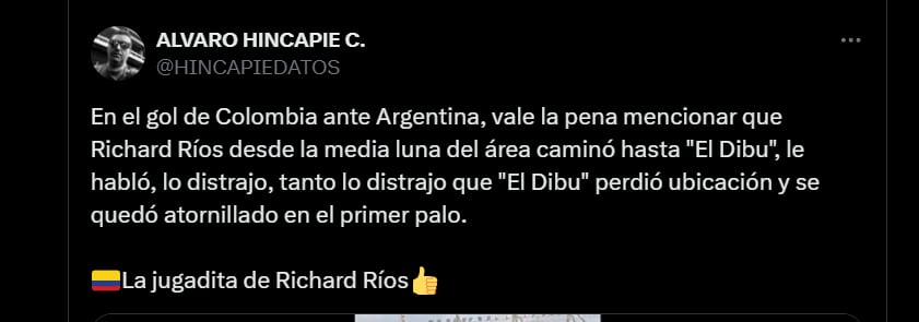 El periodista deportivo señaló la labor de Richard Ríos en el primer gol de Colombia ante Argentina - crédito @HINCAPIEDATOS/X