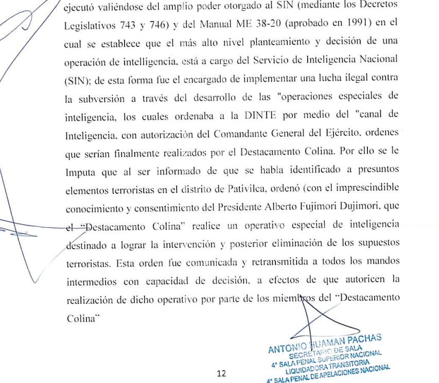 Imputación que Vladimiro Montesinos aceptó por la masacre de Pativilca