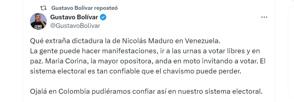 Gustavo Bolívar dice que en Venezuela hay garantía de derechos - crédito @GustavoBolivar/X