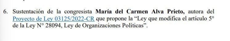 Propuesta de María del Carmen Alva se encuentra como punto 6 en la agenda de la Comisión de Constitución. Captura Congreso
