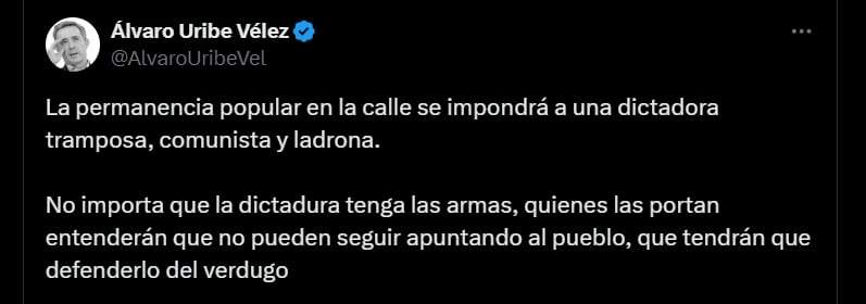 Álvaro Uribe sobre el poder popular en Venezuela - crédito @AlvaroUribeVel/X