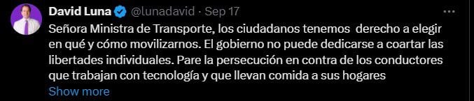 David Luna afirmó que el Ministerio de Transporte debe respetar las preferencias de los colombianos a la hora de movilizarse - crédito @lunadavid/X