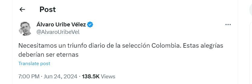 Álvaro Uribe dijo que se necesita un triunfo diario de la selección Colombia - crédito @AlvaroUribeVel
