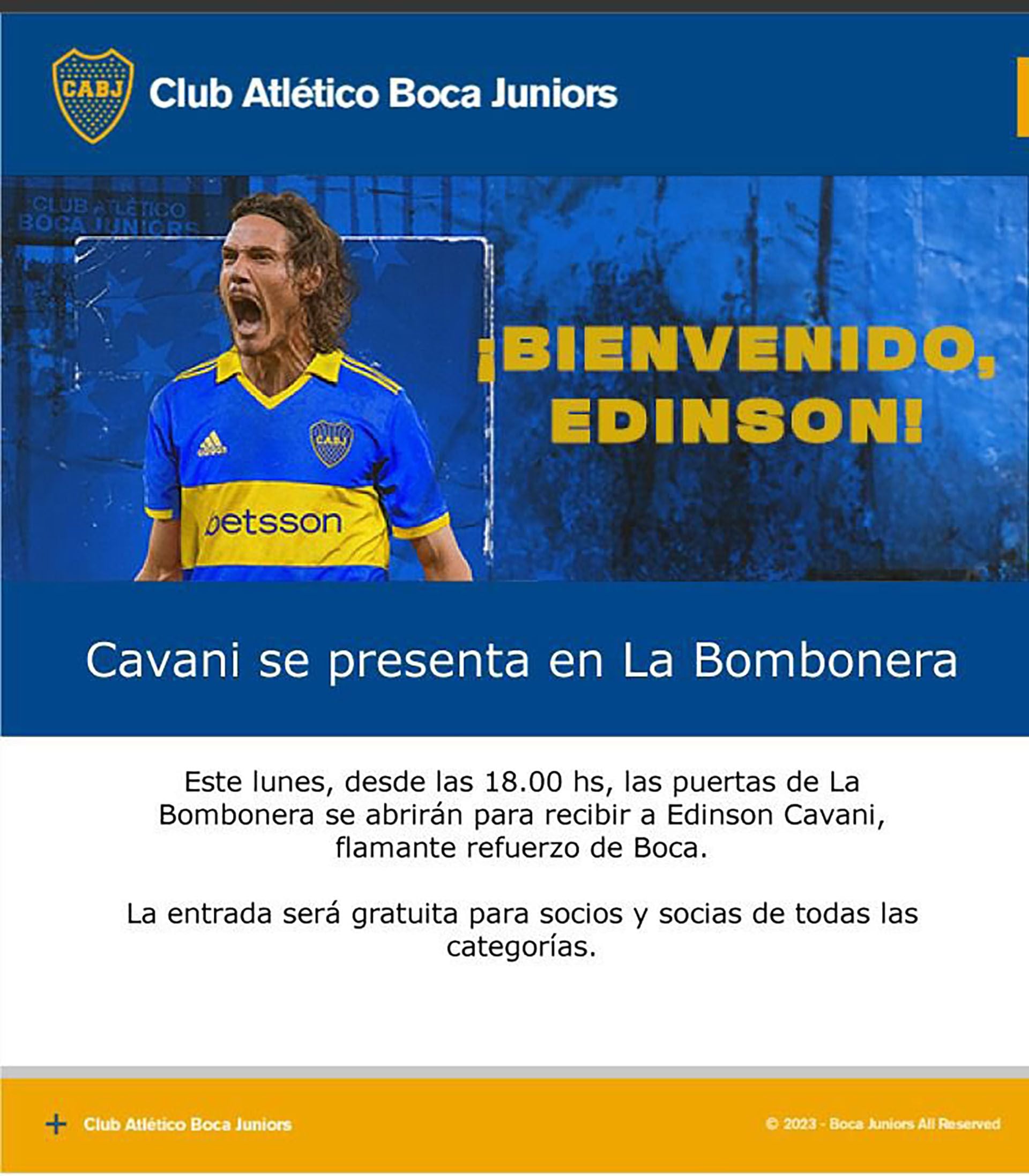 El comunicado de Boca invitando a los socios y socias a ir a la presentación de Cavani