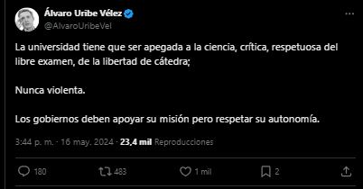 Expresidente Uribe se refirió a las universidades y su autonomía - crédito @Alvarouribevel/X