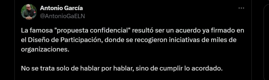 "Antonio García", del ELN, critica proceder de Gobierno Petro en negociaciones - crédito @AntonioGaELN/X