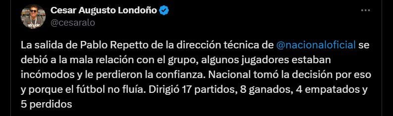 Una nueva versión indica que los jugadores de Atlético Nacional no se la llevaban bien con Pablo Repetto - crédito @cesaralo/X