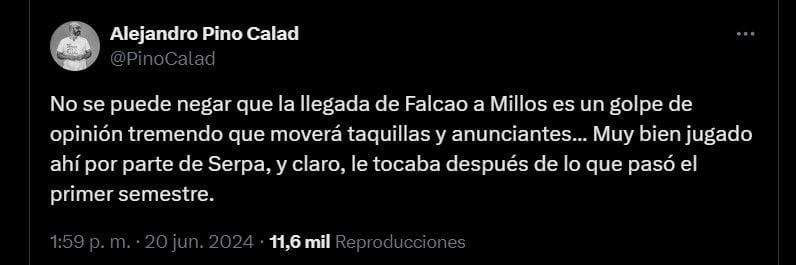 Primeras reacciones por la llegada de Falcao a Millonarios - crédito @PinoCalad/X