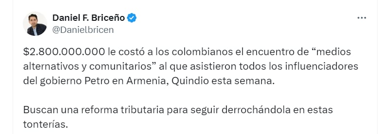 Briceño adjuntó un contrato entre Telecafé y CNC Agencias S. A. S. que especifica los gastos del evento - crédito @Danielbricen/X