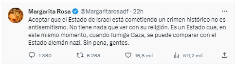 Margarita Rosa de Francisco publicó un mensaje en la red social X para expresar su apoyo a las polémicas declaraciones del presidente Gustavo Petro relacionadas con el ataque terrorista de Hamas contra Israel y la situación que se vive en la Franja de Gaza - crédito Margarita Rosa @Margaritarosadf /X