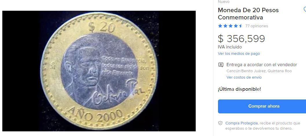 moneda 20 pesos. (Foto: Mercado Libre)