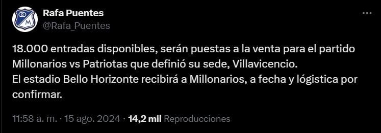 Casi 20.000 personas irían al partido entre Millonarios y Patriotas en Villavicencio - crédito @Rafa_Puentes/X