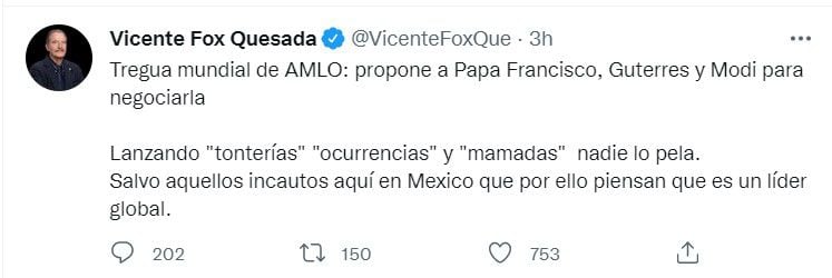 Según indicó, las únicas personas que le hacen caso son aquellos “incautos” que piensan que AMLO es un verdadero líder global (Foto: Twitter/@VicenteFoxQue)