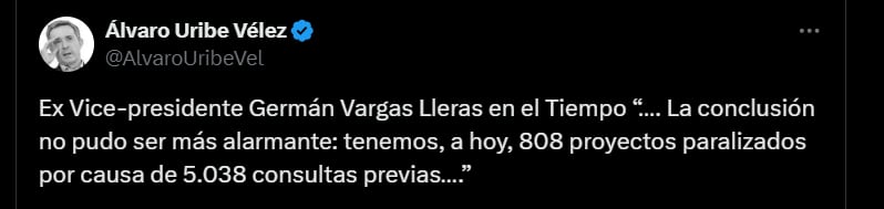 Expresidente Álvaro Uribe sobre lo dicho por Germán Vargas Lleras - crédito @AlvaroUribeVel/X