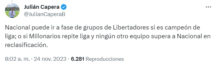 El periodista Julián Capera cree que Dimayor sí le daría cupo a Nacional para fase de grupos en Libertadores por reclasificación - crédito @JulianCaperaB/X