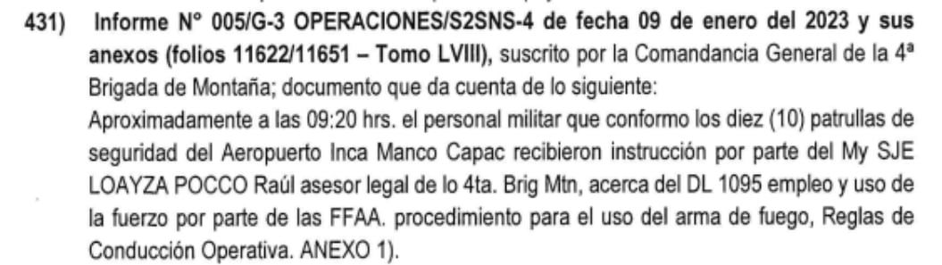 Raúl Loayza Pocco era asesor legal de la brigada desplegada en el aeropuerto Inca Manco Cápac, quien les explicó sobre el empleo y uso de la fuerza por parte de la FFAA. Infobae Perú.