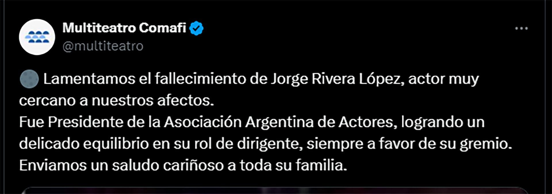 La noticia del fallecimiento de Jorge Rivera López comunicada por la cuenta de Multiteatro Comafi (Twitter/@multiteatro)