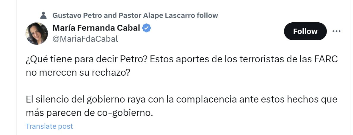 María Fernanda Cabal cuestionó a Gustavo Petro por no pronunciarse sobre la entrega de una ambulancia y un puesto de salud en Cauca, en la que estuvieron las disidencias de las Farc - crédito @MariaFdaCabal/X