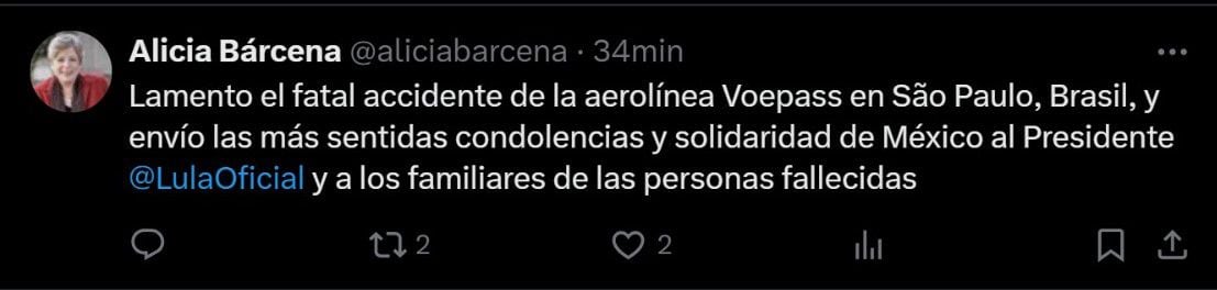 La canciller mexicana lamentó el desplome del avión en Brasil. | Captura de pantalla X