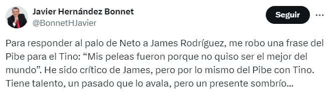 Javier Hernández Bonnet señaló que James Rodríguez "tiene talento, un pasado que lo avala" - crédito @BonnetHJavier/X