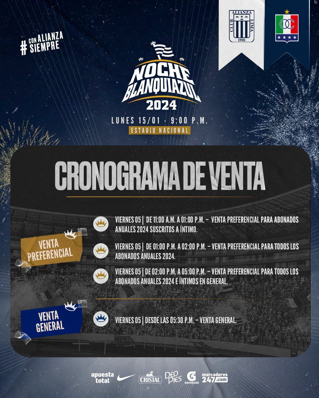 Cronograma de venta de la Noche Blanquiazul 2024.