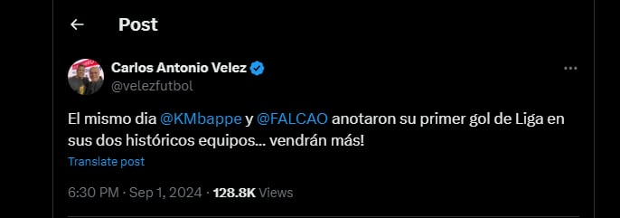 Publicación en la que compara a FAlcao y Mbappé - crédito @velezfutbol/X