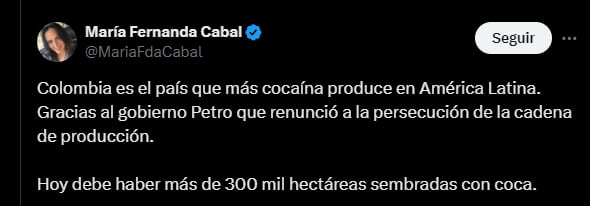 María Fernanda Cabal aseguró que podría haber un incremento en cultivos de coca en Colombia - crédito @MariaFdaCabal/X