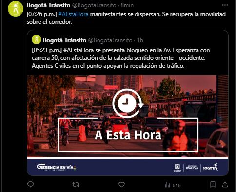 Se recupera la movilidad sobre la avenida Esperanza - crédito @Bogotátransito/X