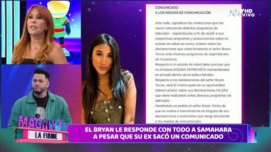 Magaly Medina encara en vivo a Bryan Torres por celos ante viaje de Samahara Lobatón. (Captura: Magaly TV La Firme)