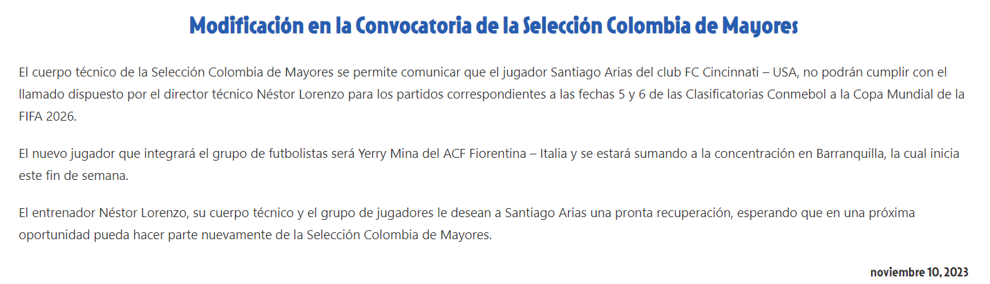 Santiago Arias se lesionó, fue desconvocado de la selección Colombia y llamaron a Yerry Mina como su reemplazo - crédito FCF