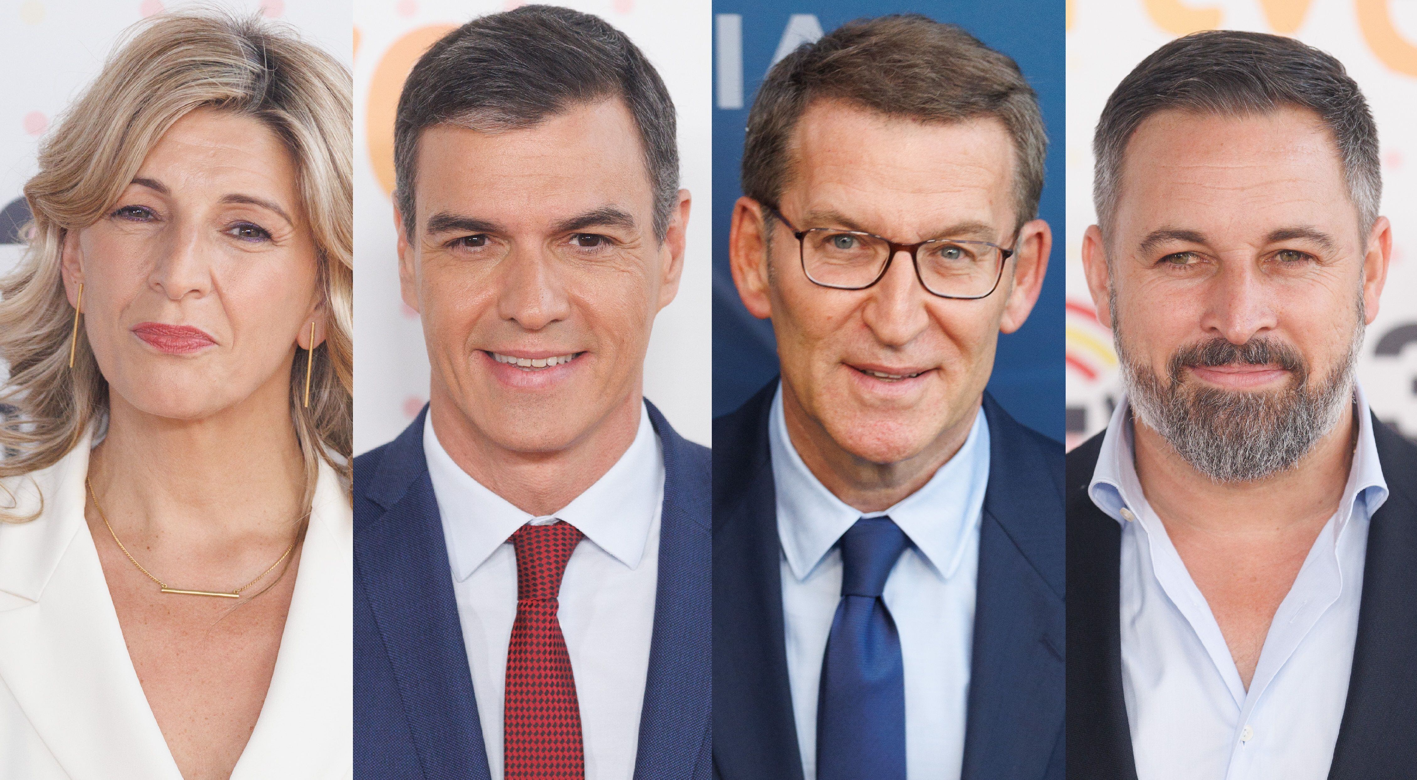 23-J: Yolanda Díaz, Pedro Sánchez, Alberto Núñez Feijóo y Santiago Abascal