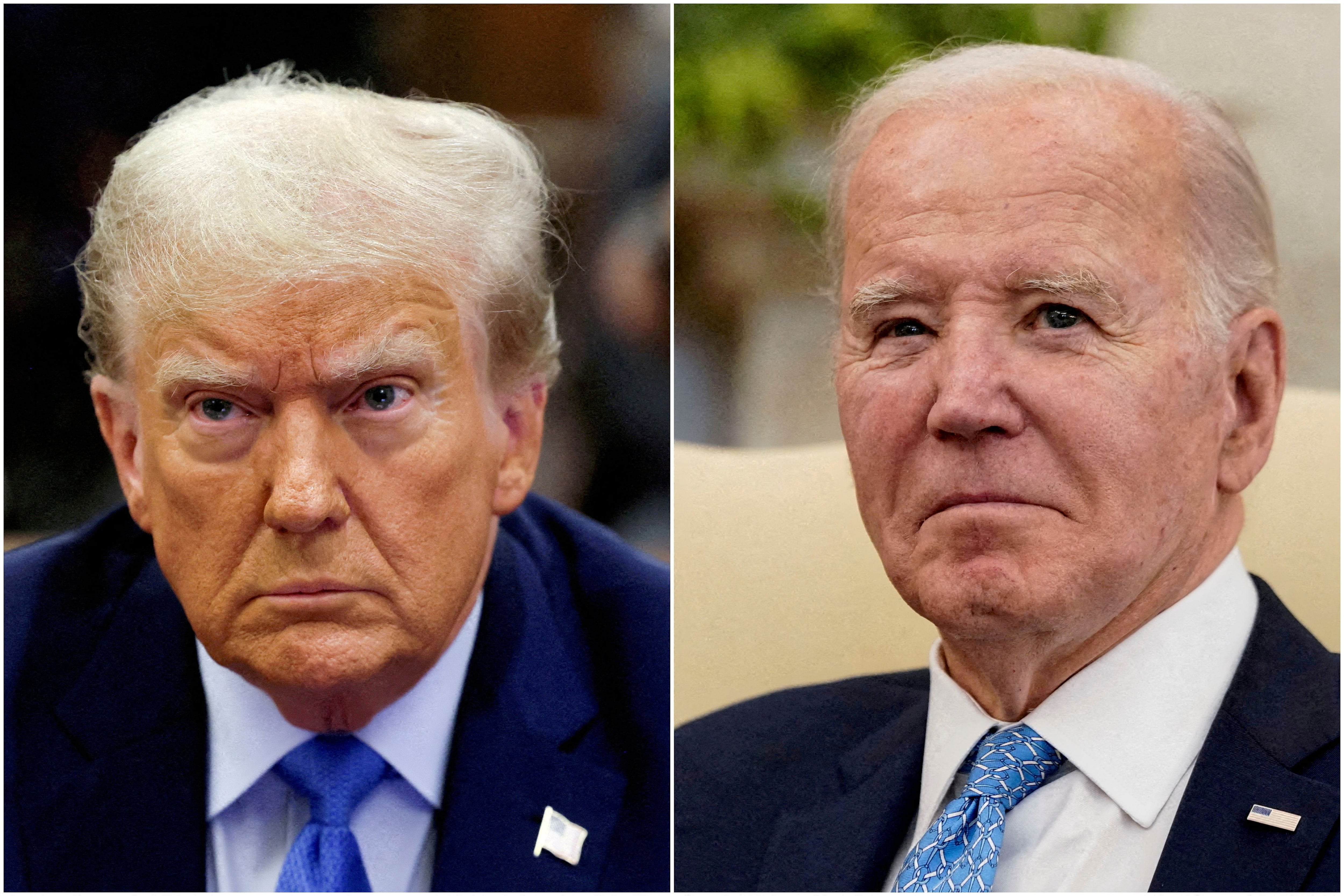 FILE PHOTO: Combination picture showing former U.S. President Donald Trump attending the Trump Organization civil fraud trial, in New York State Supreme Court in the Manhattan borough of New York City, U.S., November 6, 2023 and U.S. President Joe Biden participating in a meeting with Italy's Prime Minister Giorgia Meloni in the Oval Office at the White House in Washington, U.S., March 1, 2024. REUTERS/Brendan McDermid and Elizabeth Frantz/File Photo