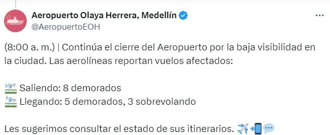 Cierre del aeropuerto de Medellín - crédito redes sociales