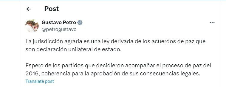 Gustavo Petro habla de la jurisdicción agraria iniciativa de su Gobierno - crédito @petrogustavo