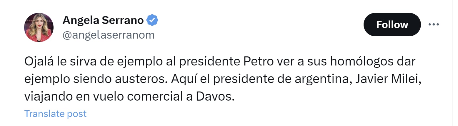 La periodista Ángela Serrano y otros internautas han criticado a Gustavo Petro por no ser “austero” y lo han comparado con Javier Milei - crédito @angelaserranom/X